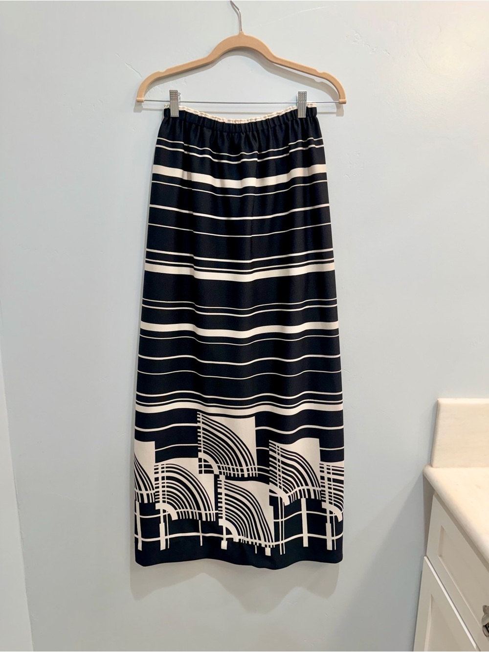 Vintage 70s Art Deco Geometric Maxi Skirt Black Cream Striped Mid Century M - Picture 2 of 9